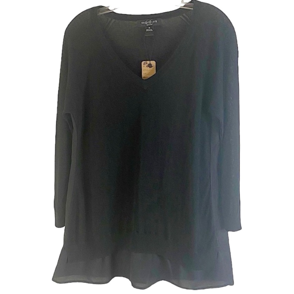 August Silk Linen Blend Black Top Size Petite Small HSH Spring